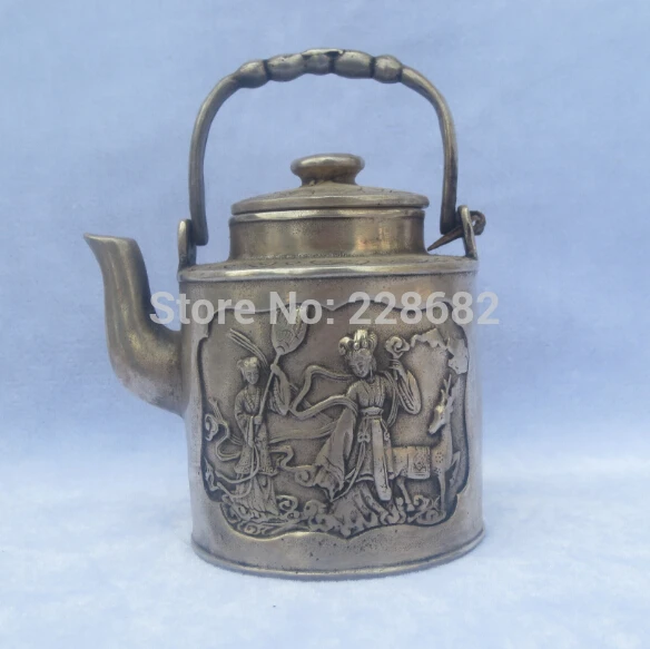 

Antique antiques Collectible Decorated Old Handwork Tibet Silver Carved Beautiful woman Teapot/Flagon