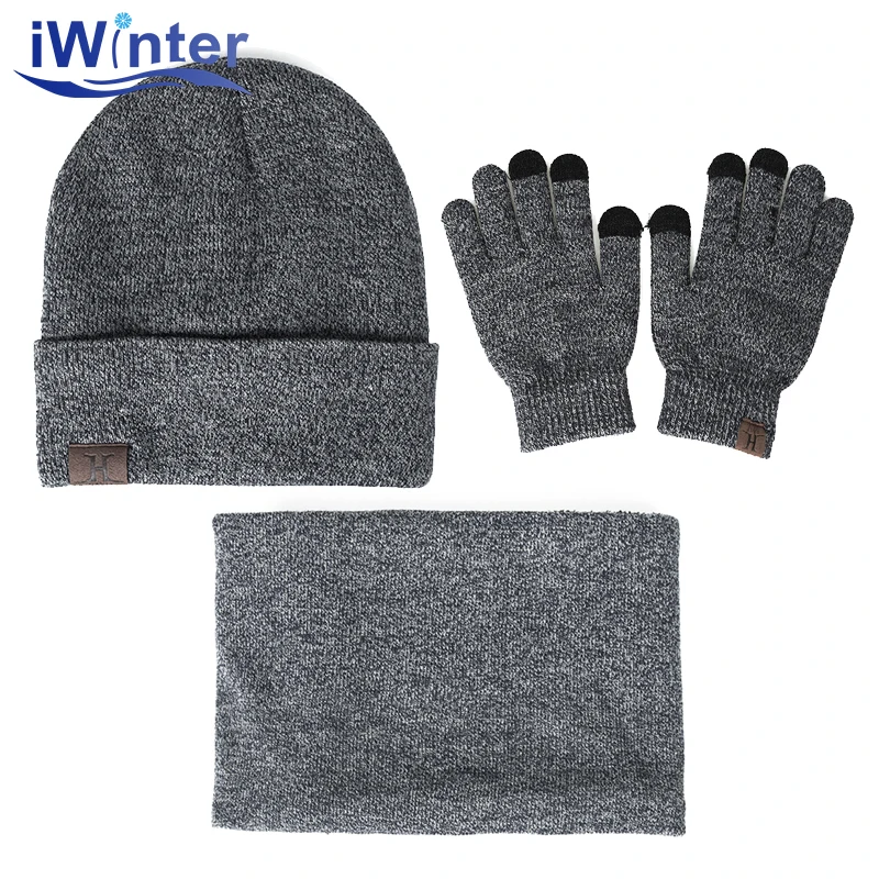 IWINTER 3 Pieces Комплект женщин Зимняя шляпа и перчатки наборы Хлопок Unisex Hat Шарф перчатки Установить твердой шляпы и шарф для женщин Мужчины