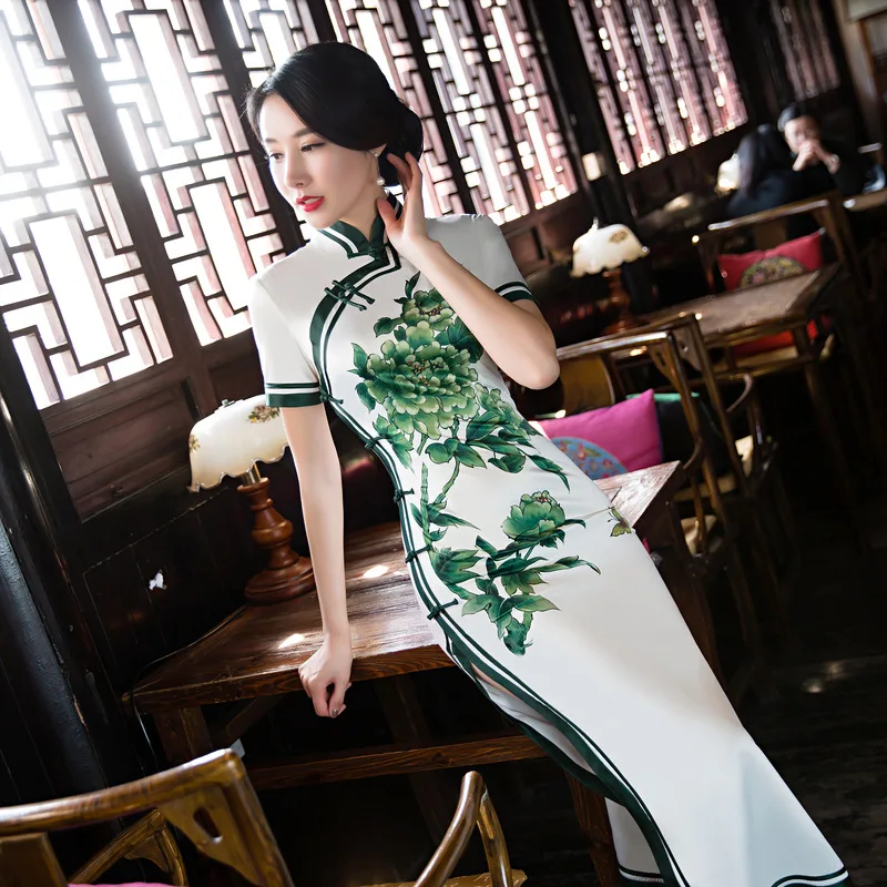 4 цвета весенние женские длинные Cheongsam Vestidos с коротким рукавом Qipao старинный китайский традиционный тонкий халат платье