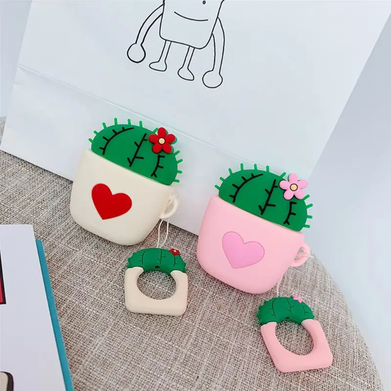 

Soft Silicone Cute Cactus Heart Pattern Protective Cover Shockproof Case Skin Shell With Lanyard for Airpods 1/2 Charging Box