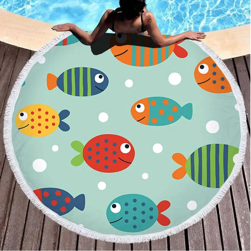 

Samll Fish Summer Round Beach Towel With Tassels Microfiber 150Cm Picnic Blanket Beach Cover Up Sunbath Swimming Beach Towels