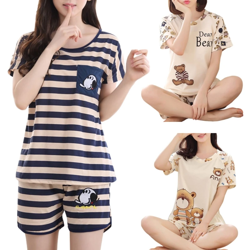 

Women Cartoon Pajamas Short Sleeve Cotton Pyjamas Set Home Nightwear Sleepsuit