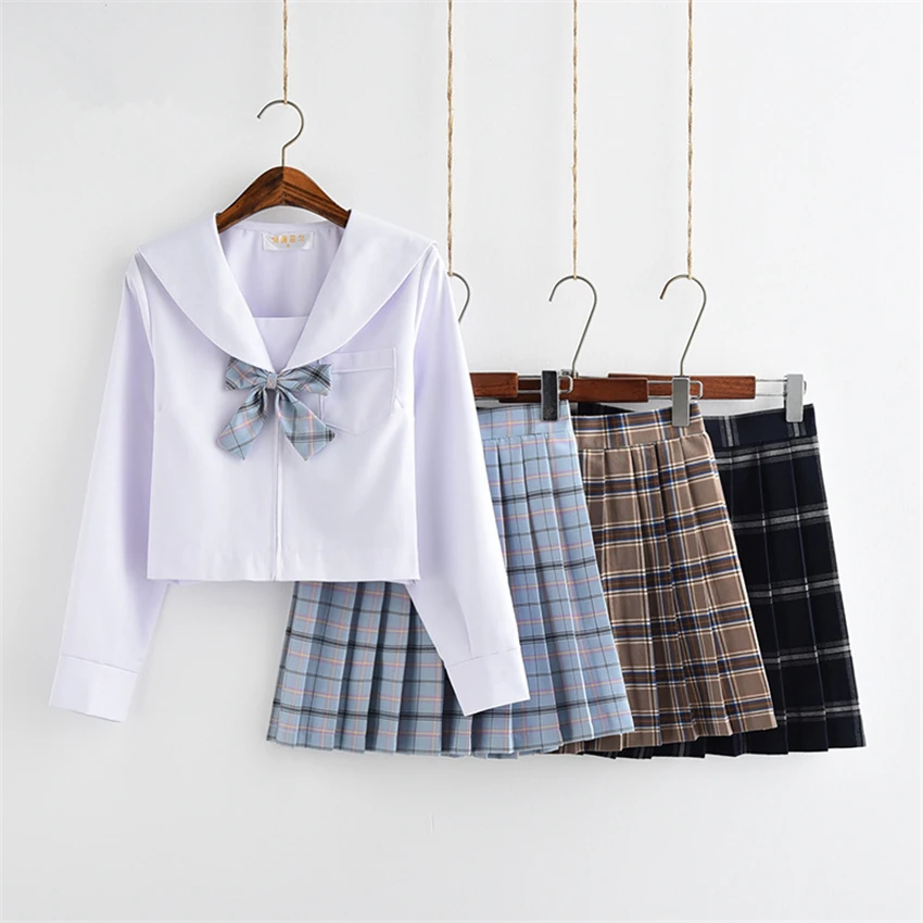 Japanese Style Fashion JK School Uniform College Girl Skirt Pleated Lattice Sailor Dress Tie Cute Girls Cosplay Clothing Set