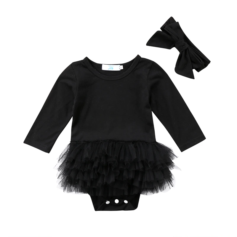

0-24M 2PCS Fashion Casual Spring Summer Sets Toddler Baby Girls Long Sleeve O-Neck Covered Button Black Lace Tutu Romper Dress