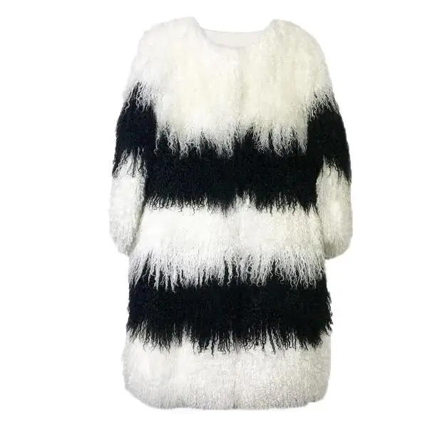 Горячая Распродажа Стильный теплый модный черный белый пэчворк длинный монгольский овечий мех пальто Верхняя одежда натуральный мех