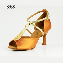 Кроссовки высшего качества; женская танцевальная обувь; обувь для латинских танцев; импортная атласная обувь; BD 2369; сандалии на высоком тонком каблуке с алмазной пряжкой; золотистые шнурки