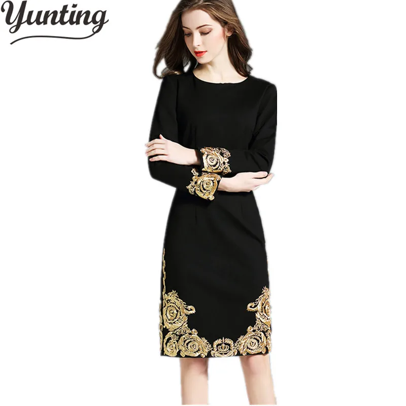 

Plus Size Autumn Women Black Dress 2019 Runway Gold Embroidery Long Sleeve Stretch Elegant Party Dress Vestidos