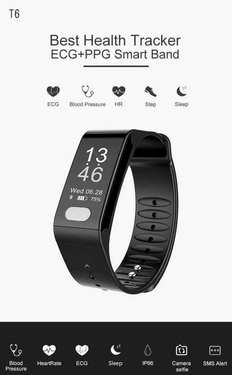 Toleda T6 Heart Rate Smart Watch Blood Pressure Monitor & ECG function Fitness Bracelet Wristband For both Android and I Phone