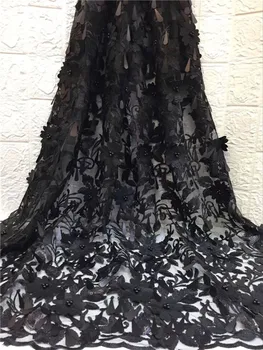 

2019 High Quality African 3d Lace Fabrics/French Net Embroidery beads Sequins Tulle Lace Fabric For Nigerian Wedding Dress black