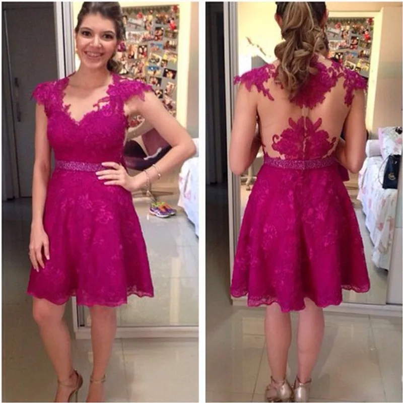 2016 Elegantes Vestidos de Fiesta Cortos Fucsia Apliques Cuello En V de Encaje Formal vestidos de