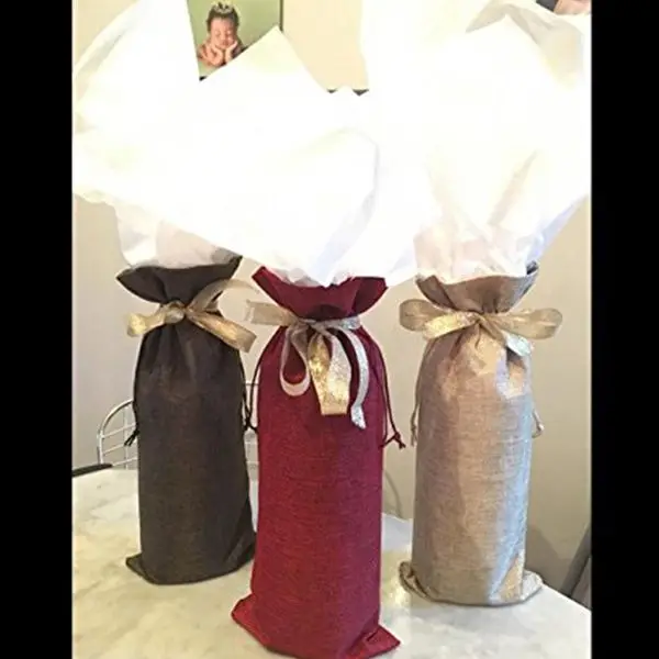 Горячая белье мешковины мешки вина 3 шт. сумки бутылку с завязками для праздничный свадебный сувенир 6in x13.4in