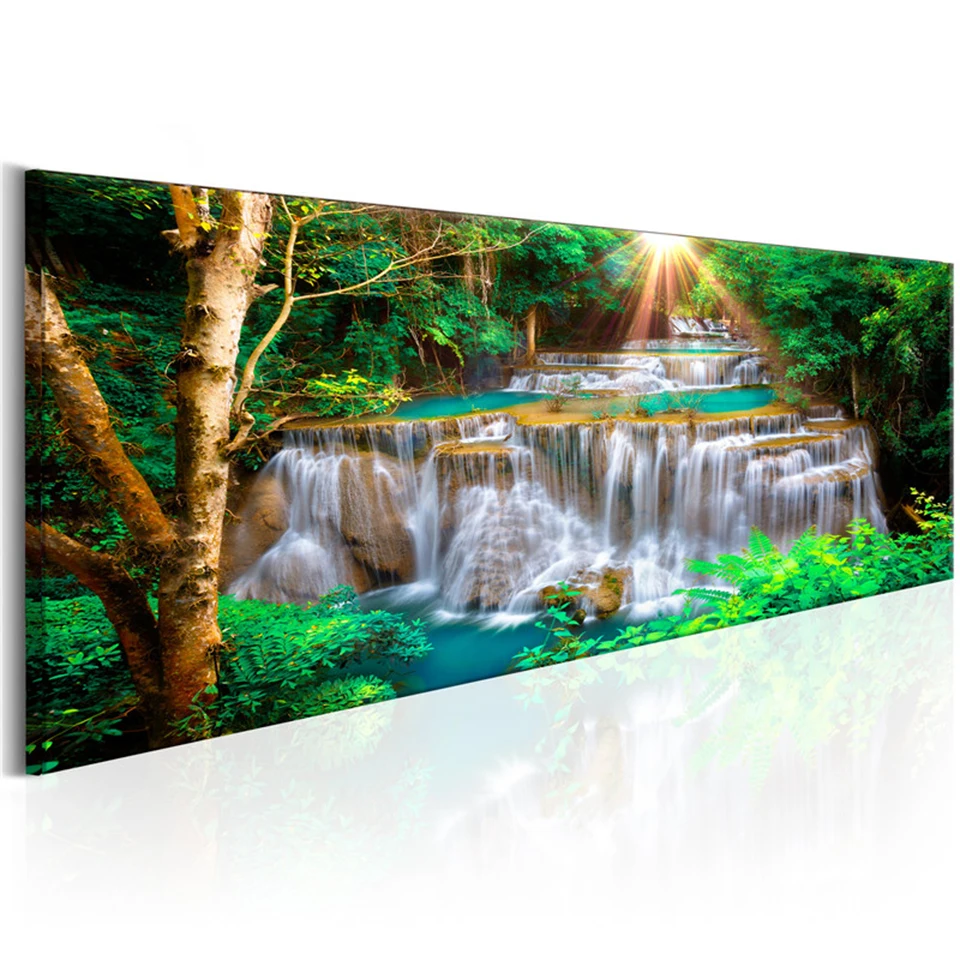 Холст HD печатает плакат свежий настенный арт 1 комплект зеленый лес солнце водопад вид живопись офис Домашний декор модульные картины