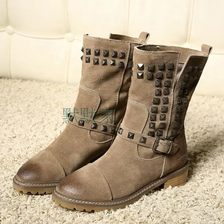 

Rivets Studded Mid Calf High Suede Leather Winter Boots Round Toe Flat Heel Woman Shoes High Quality Hottest Boots Motorcycle