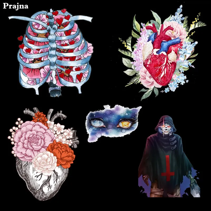 

Prajna Rock Heart Iron On Patches Human Chest Cross Mask Thermal Stickers On Clothes Motorcycle Clothing DIY T-shirts Stickers