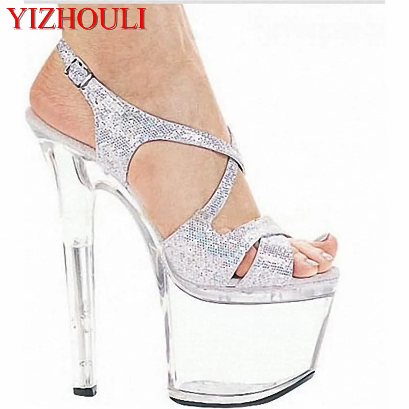 

Sexy 17cm High-Heeled Sandals Ultrafine Bridal Shoes Crystal Shoes Model Shoes High-Heeled Gladiator Shoes With Ankle Strap