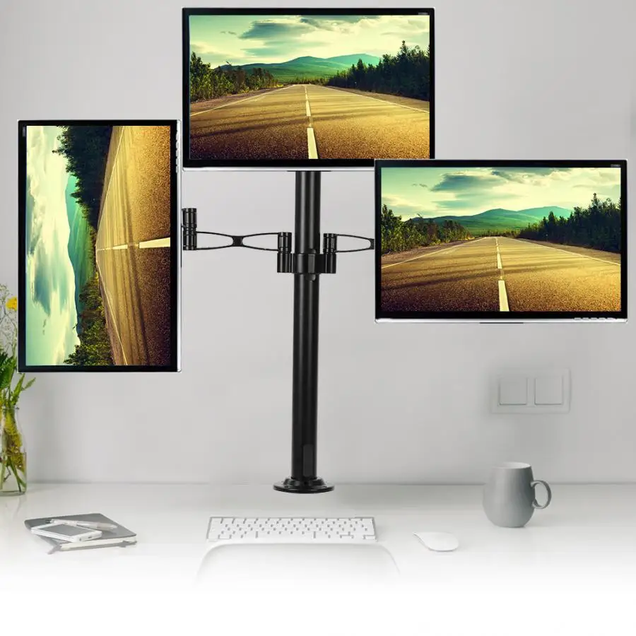 

Aluminium Alloy Triple Monitors Desk Mount Stand Mount 360 Rotation Fits 3 Screens 10" to 27" Universal