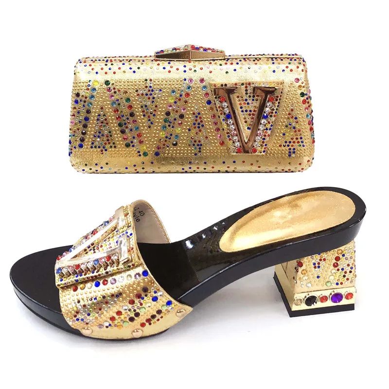 

Shinning stones gold italian shoes matching bag set for african aso ebi shoes bags set size 37 to 43 handmade shoes bag SB8356-5