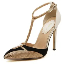 2015 New Rhinestone High Heels Women Pumps Sexy Pointed Stiletto Heels Brand Mix color patchwork Gold Dress shoe