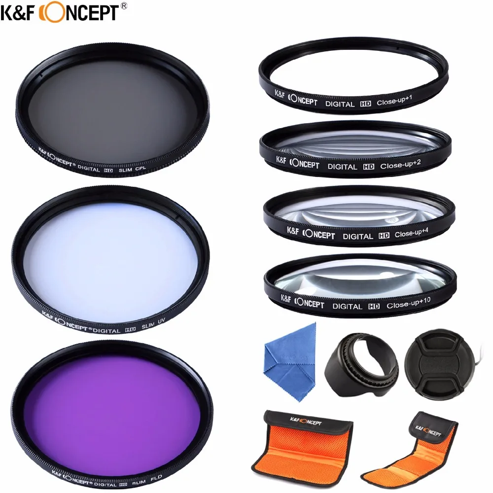 

K&F CONCEPT 55mm UV CPL FLD Filter Kit+Macro Close Up+1+2+4+10 Set+Lens Hood&Cap+Cleaning Cloth+Pouch For Sony Canon Nikon