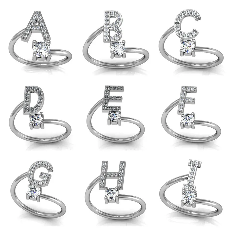 

Fashion 26 Letters Silver Ring Women Simple Exquisite A-Z Open Finger Initial Letter Name Rings Female Ring Jewelry Party Gift