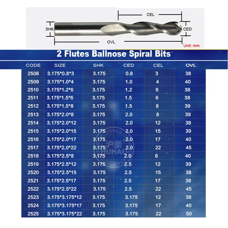 HUHAO 3,175 мм SHK сферические концевые фрезы с двумя флейтами с круглым дном двойные продольные фрезы Спиральные фрезы из ПВХ