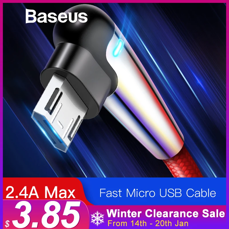 Baseus 2.4A Micro USB Cable Fast Charging LED Lighting Cord for Xiaomi Redmi Note 4 5 Pro 90 Degree Charging Wire USB Data Cable