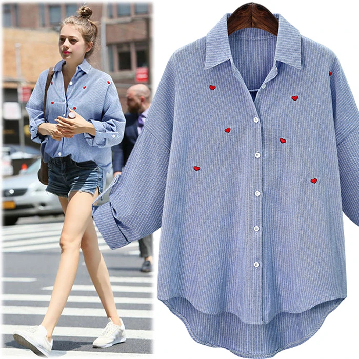 Verano 2018 mujer camisas manga larga señoras corazón blusa mujeres Casual Blue Striped camisas shirts|blue stripe shirtembroidery blouses women - AliExpress