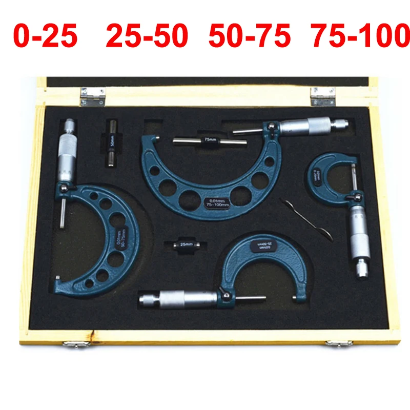 Micrometer Tool 0.01mm 0-25mm/25-50mm/50-75mm/75-100mm/100-125mm/125-150mm Outside Micrometer Ratchet Stop Metal Gauge Standards Caliper Tools