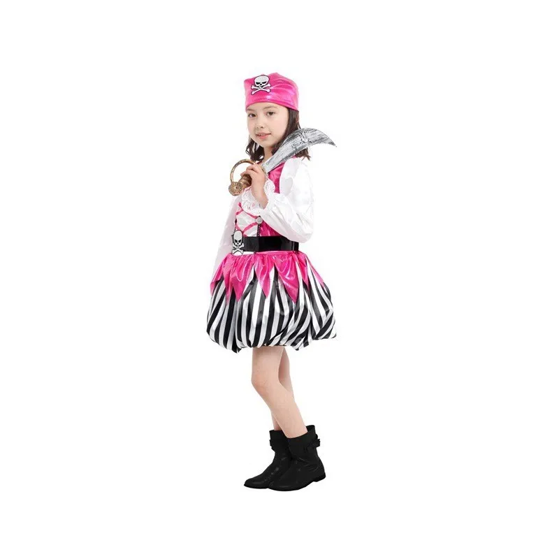 Вечерние наряжаться в костюм на Хэллоуин, ярко-розовое платье пирата для девочек, костюм, полный набор платье с повязкой