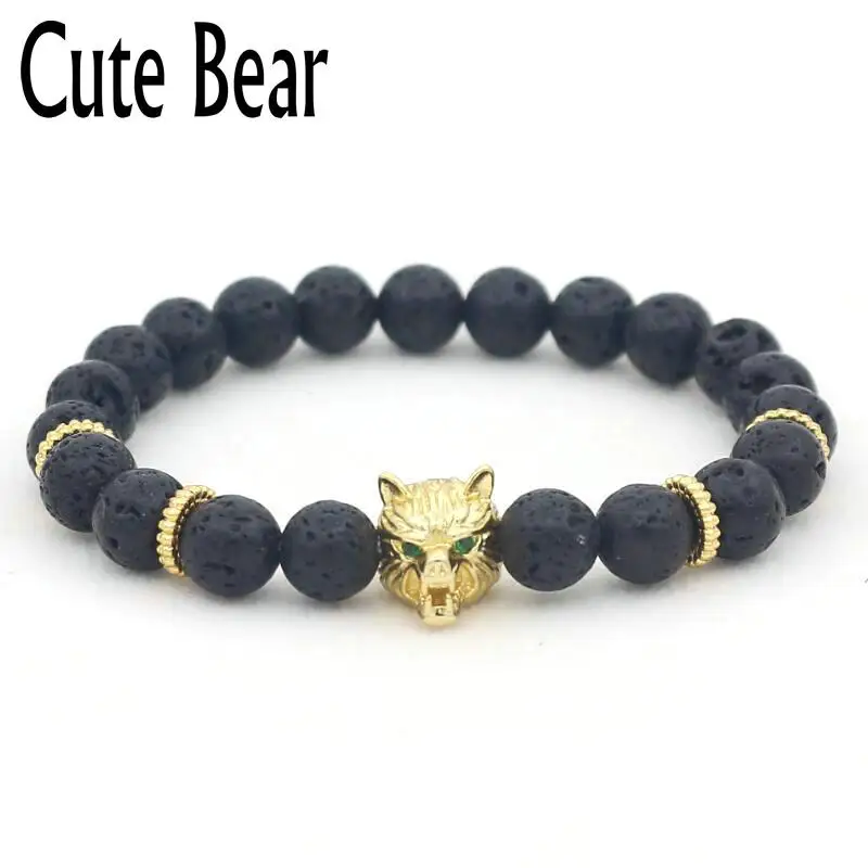 

Cute Bear Green Zircon Eyes Gold Color Wolf Head Men Bracelet Volcano Lava Stone Beads Bracelets for men Jewelry Christmas Gift