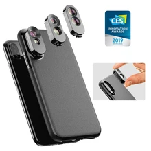 Funda de teléfono de cuero de poliuretano 3 en 1 para Kit de lentes de cámara Dual Macro teléfono gran angular teleobjetivo objetivo ojo de pez para iPhone X, XS, XS Max