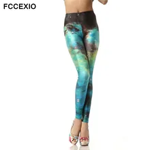 FCCEXIO Brand Female Slim High Waist Leggings Women Pants Fashion 3d Printed Legging Galaxy Green Mujer Fitness Legins for Women