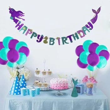

1set Mermaid party Happy Birthday Paper Banner Little Mermaid Tail Garland girl Birthday Party Decor Supplies Baby Shower Girl
