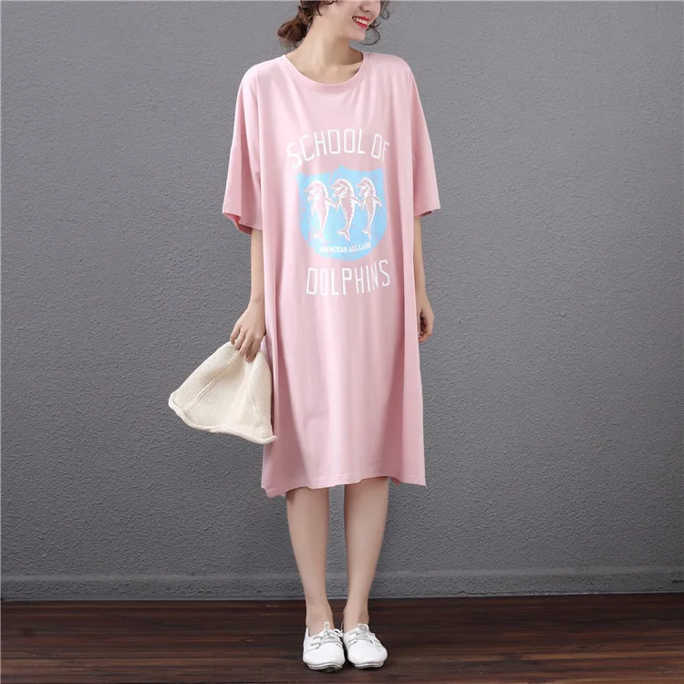 

2019 Pure Color Women Short Sleeve Printed T-shirt 100% cotton Summer loose Long Maternity dress Pajamas girl T-shirt mkd3