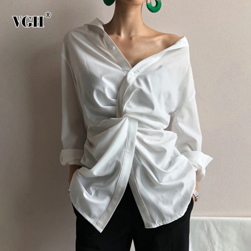 

VGH Solid Shirt Female V Neck Off Shoulder Long Sleeve Loose New Korean Clothing Fashion Women Blouses 2019 Autumn