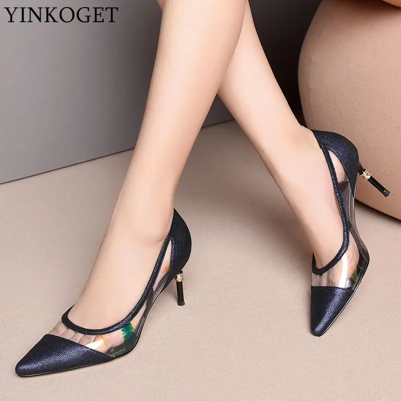 

YINKOGET large size:34-43 genuine leather+net comfortable high heels women shoes high quality wedding women heels ladies shoes