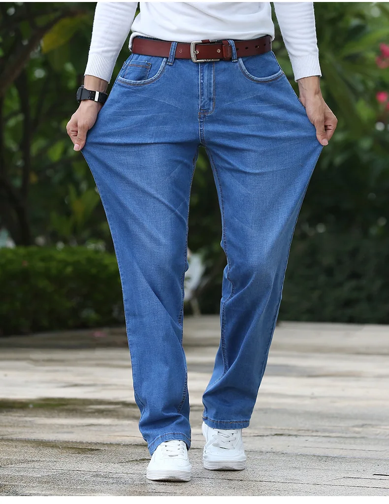 Новые Брендовые мужские джинсы летние однотонные хлопковые большие свободные тонкие повседневные Прямые джинсы дышащие мягкие брюки высокого качества большие размеры 44