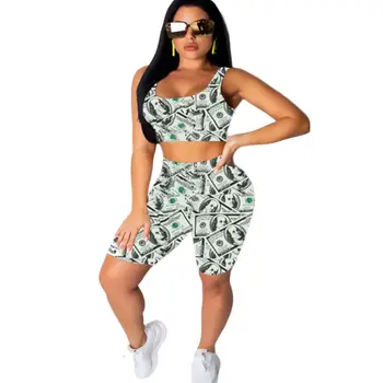 

2019 New Summer Women Set Two Piece Outfits US Dollars Printed Crop Tops And Skinny Knee Length Pants Tracksuit Clubwear