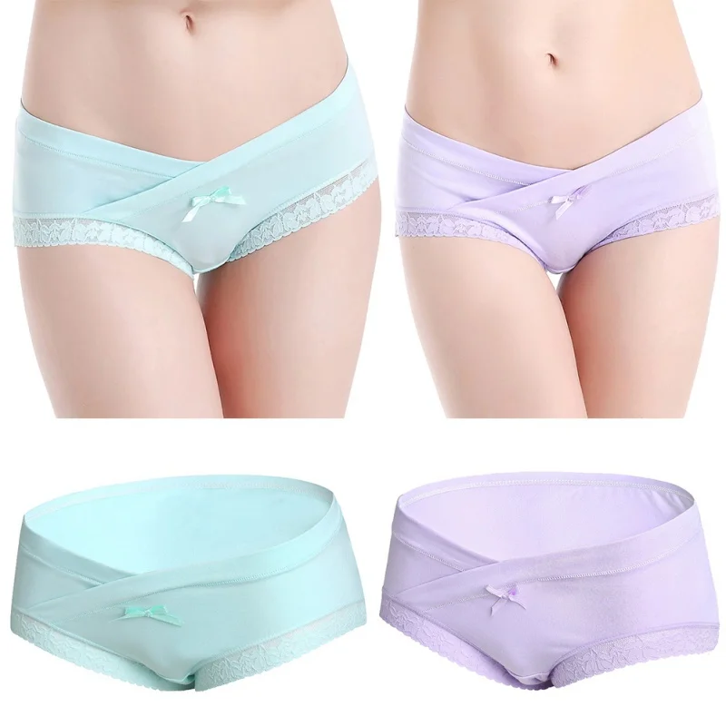 Women Sexy Cotton S-2XL Pregnant Low Cute No Lace Solid Bow Briefs Type Care V Waist Underwear Belly Trace Panties