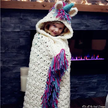 

2019 new cartoon unicorn shawl blanket children's winter warm wool hat baby cape hat knitted blanket children's shawl blanket