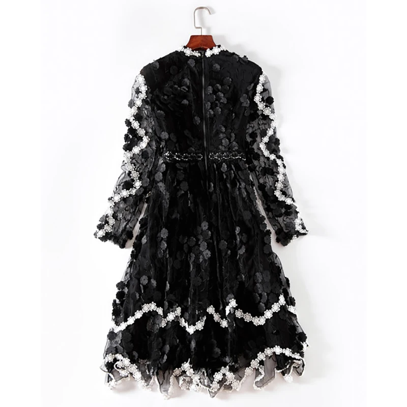 Femmes Robe Genou Longueur Manches Haute Mince Jolie Au Maille Appliques Qualité Automne Mesh 2018 Pleine Doux wpX1U1q