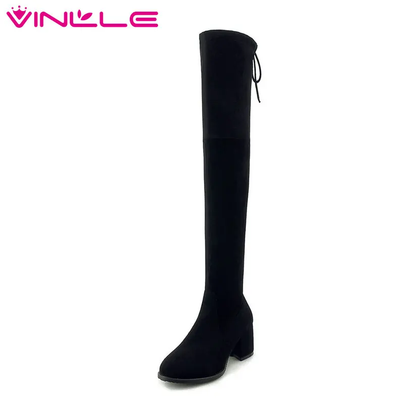 

VINLLE 2019 Winter Shoes Platform Over The Knee High Boots All Match Square High Heel Apricot Elegant Woman Boots Size 34-43