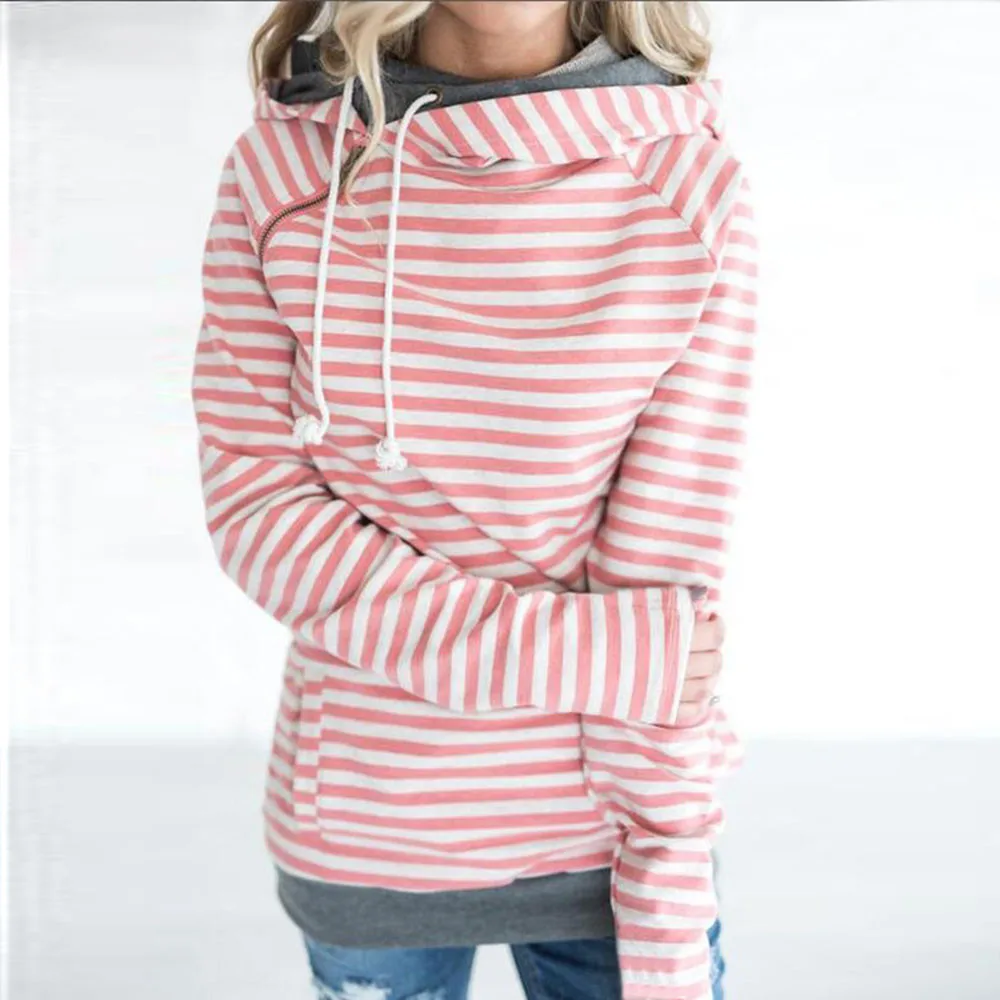 

New Autumn Winter Casual Women Patchwork Striped Pullover Warm Long Sleeve sweatshirt With Pockets Double Hood Hooded Sweatshirt