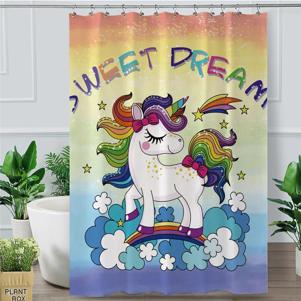 

BlessLiving Unicorn Shower Curtain Cute Magical Unicorn Waterproof Bath Curtain With Hooks Rainbow Kids Bathroom Bathtub Decor