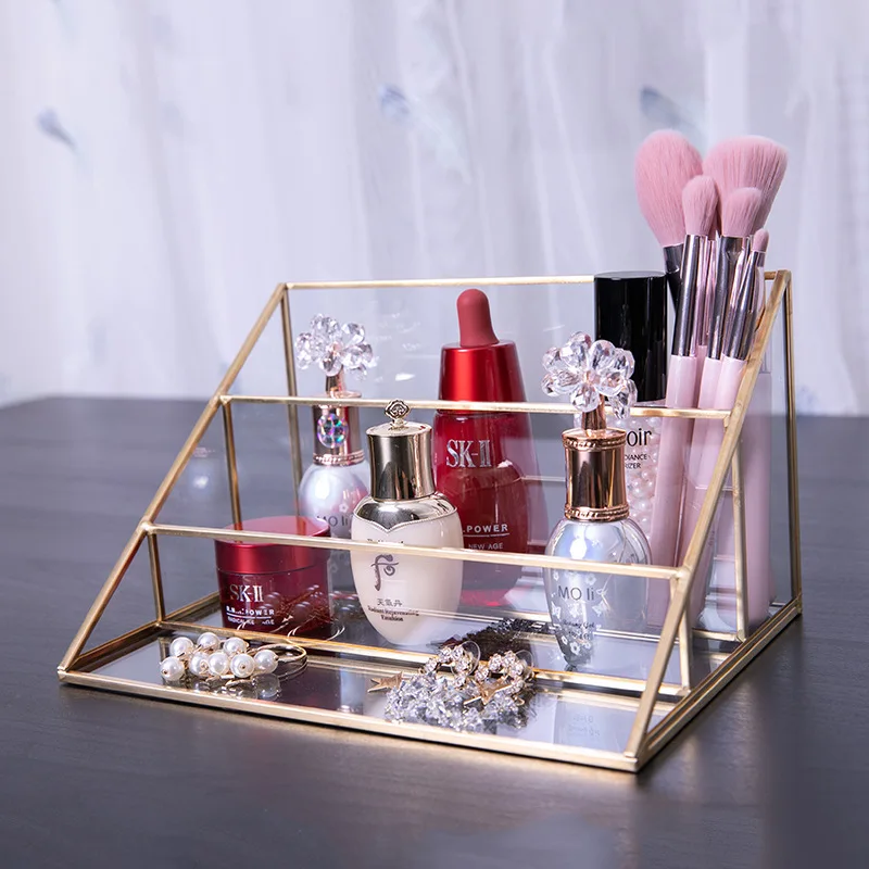 Kaufen Glas Make Up organizer Bad Kosmetische veranstalter mit goldenen bedeckt rand Bleistift Box Parfüm make up tools Lippenstift veranstalter