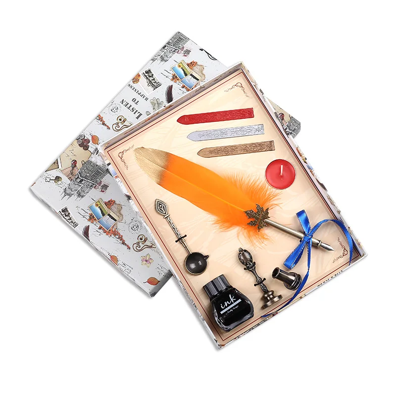 Vintage Multicolor Feather Pen Gift Box Set Exquisite Metal Penholder