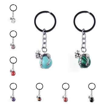 2017 new natural stone amethyst turquoise black agate floats key ring frog prince classic cartoon image of small jewelry
