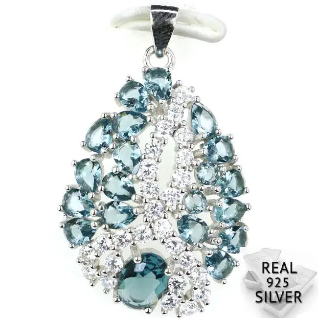 

Guaranteed Real 925 Solid Sterling Silver 3.5g Luxury Top Pear Shape London Blue Topaz CZ Ladies Engagement Pendant 33x21mm