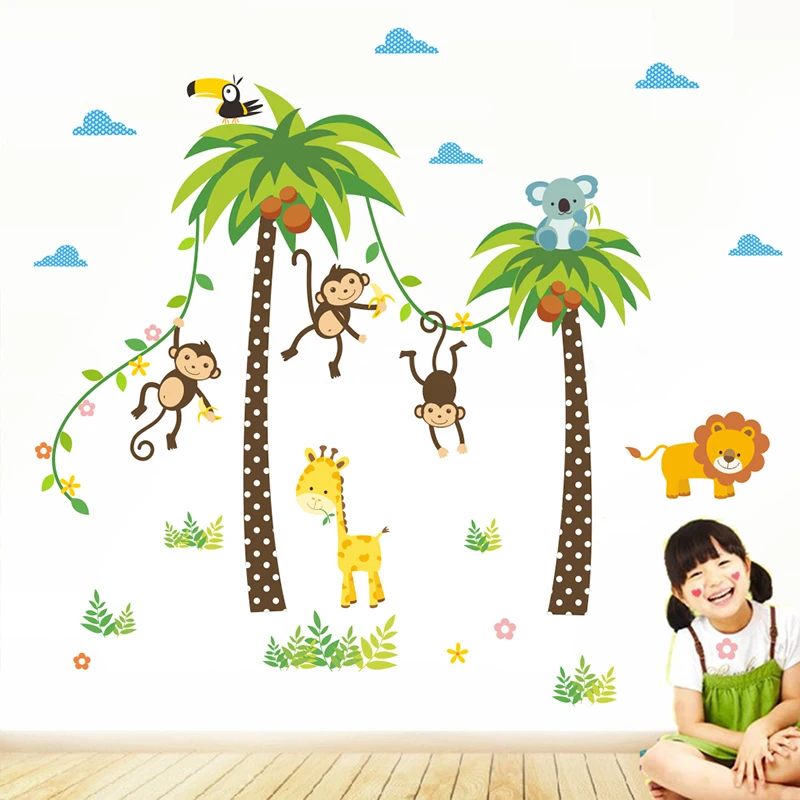

Cartoon Animals Wall Stickers Lion Giraffe Monkey Swing Coconut Tree Decals For Kids Children Bedroom Poster Decor Wall Art