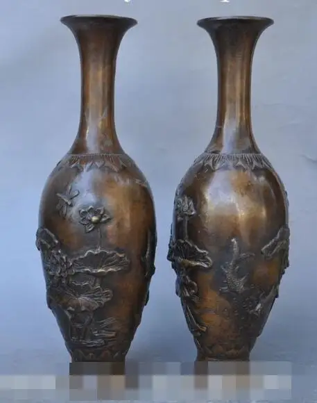 

S00737 china Dynasty palace bronze Lotus Fish Dragonfly Statue bottle Vase Jar pot pair B0403